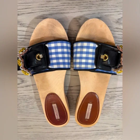 Fabrizio Viti Blue Gingham Wooden Sandal Size 7 - Picture 3 of 11